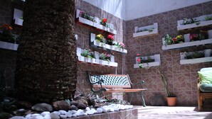 A stone-tiled patio with a bench, potted plants, and hanging flower baskets. - The Garden Bed and Breakfast (Las Palmas de Gran Canaria)