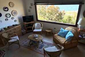 Un salon meublé de meubles en osier, avec un téléviseur et une vue sur la mer.