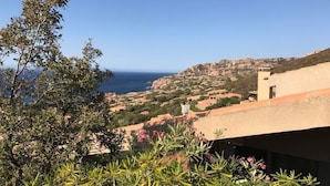 Un paysage côtier avec des bâtiments et de la végétation.