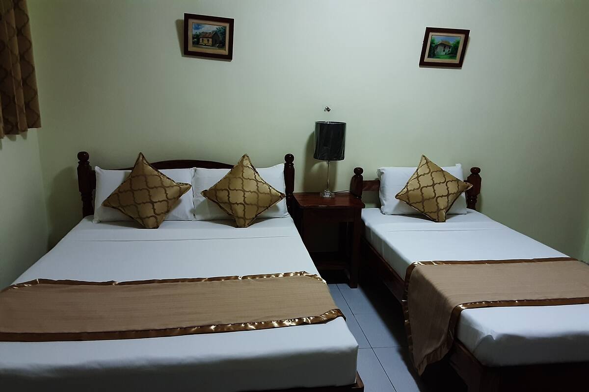 A hotel room with two single beds, each with a wooden headboard, white bedding, and patterned pillows. There is a nightstand with a lamp between the beds, and a small table with a chair. The walls are painted light green, and there are two framed pictures on the wall.