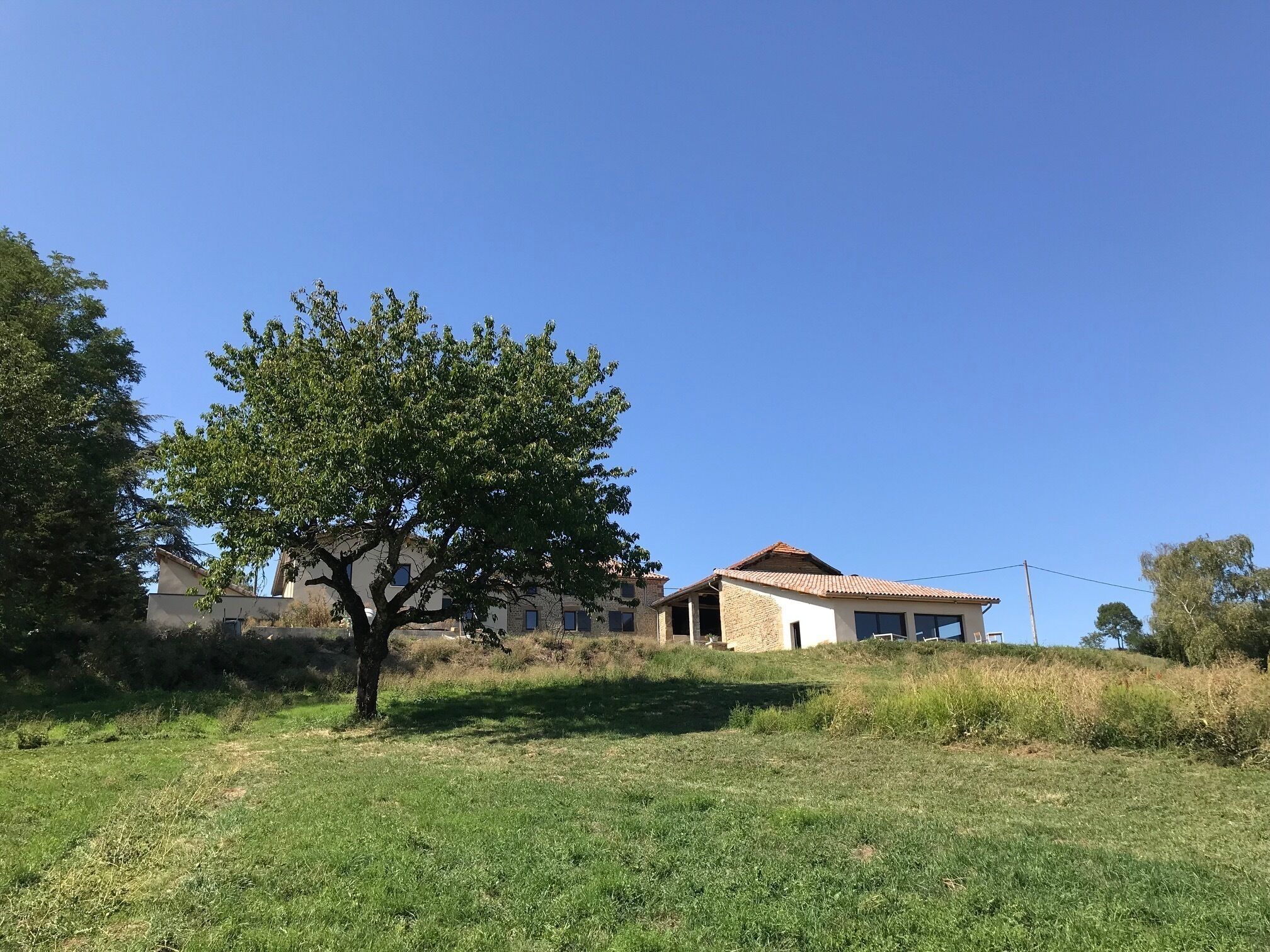 Une maison avec un toit en tuiles, entourée d’une pelouse et d’arbres.