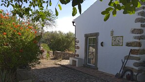 A rustic stone building with a white exterior, a stone pathway leading to the entrance, and a garden with orange flowers. - Romantic farm house with great garden (Peral)