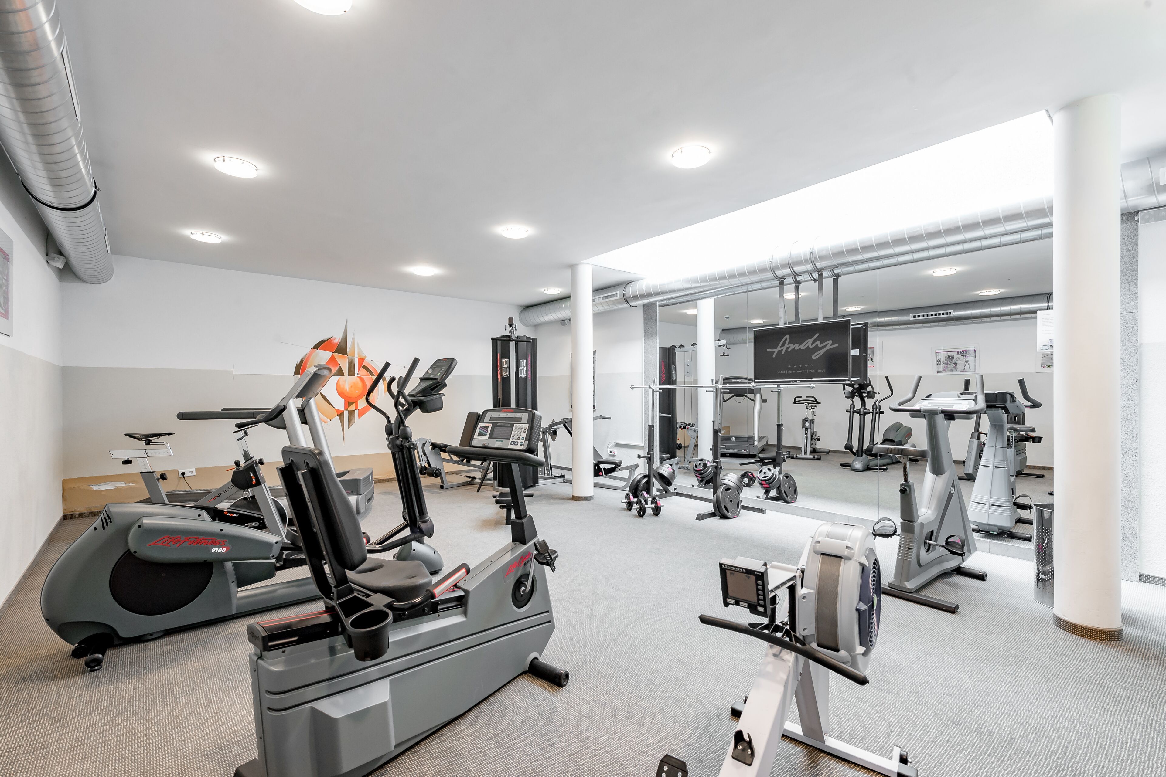 A gym with various exercise equipment, including treadmills, stationary bikes, and weight machines.