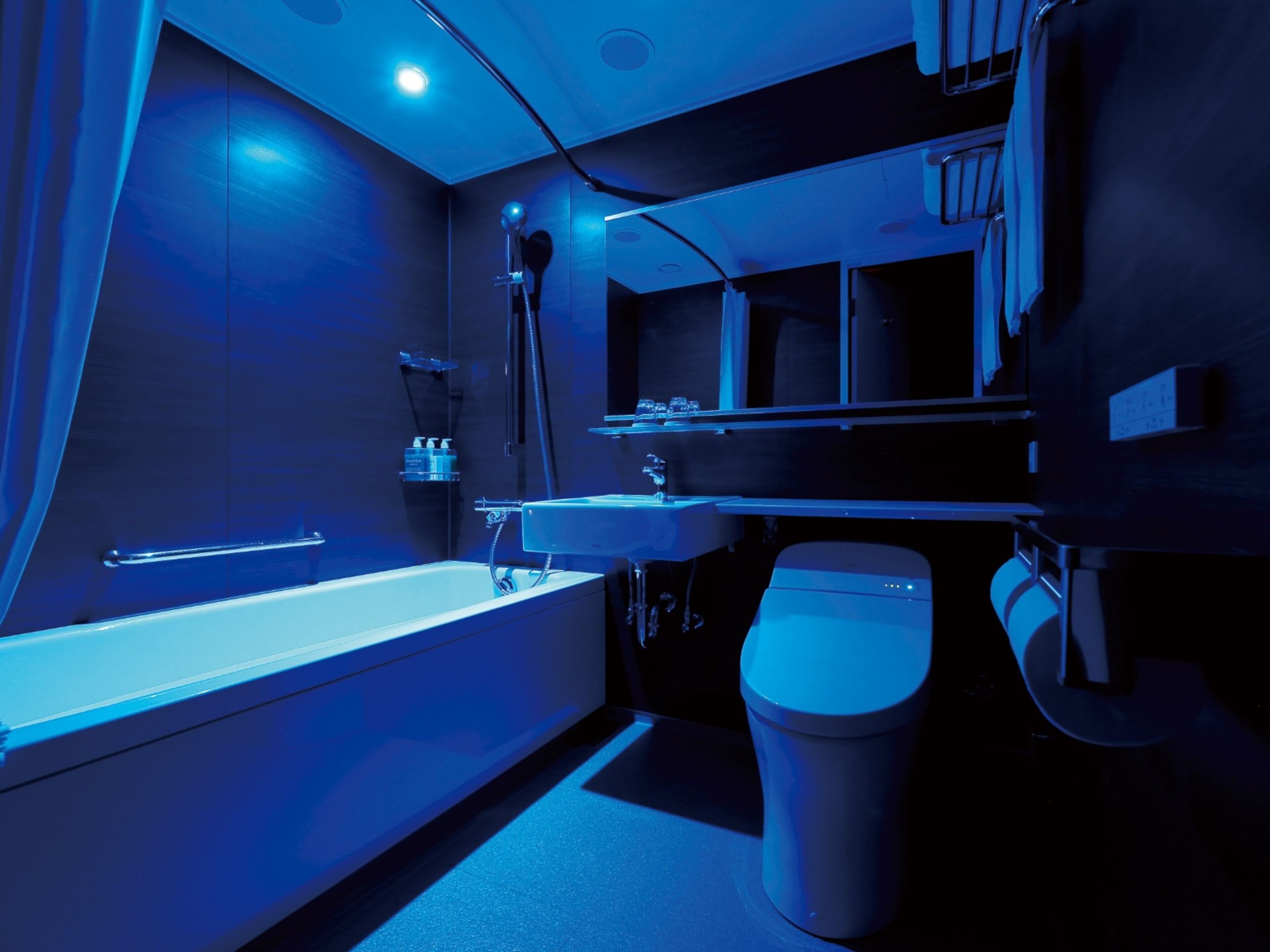 Un baño moderno con bañera, lavamanos e inodoro.
