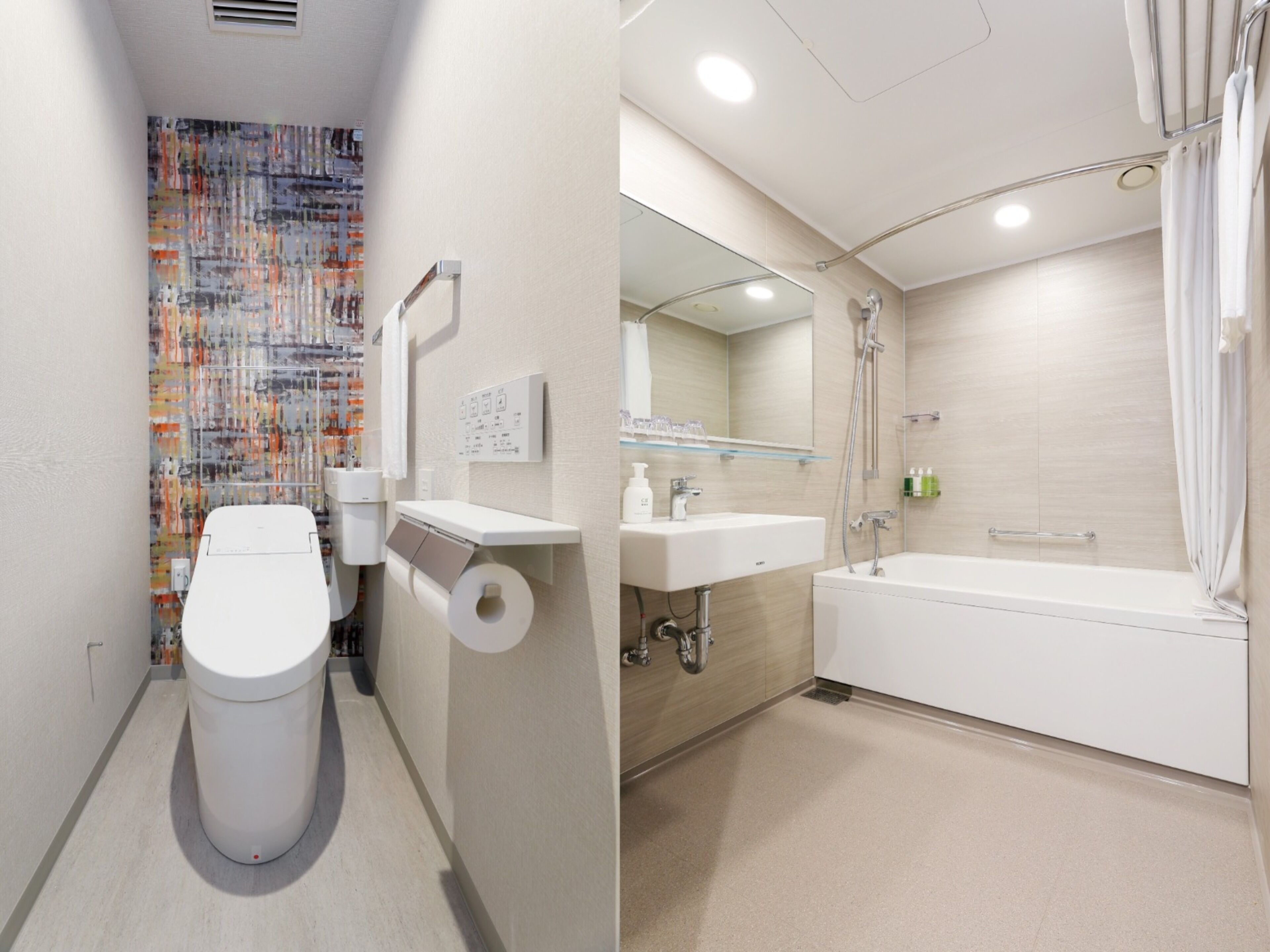 combined shower/bathtub, free toiletries, hair dryer, slippers