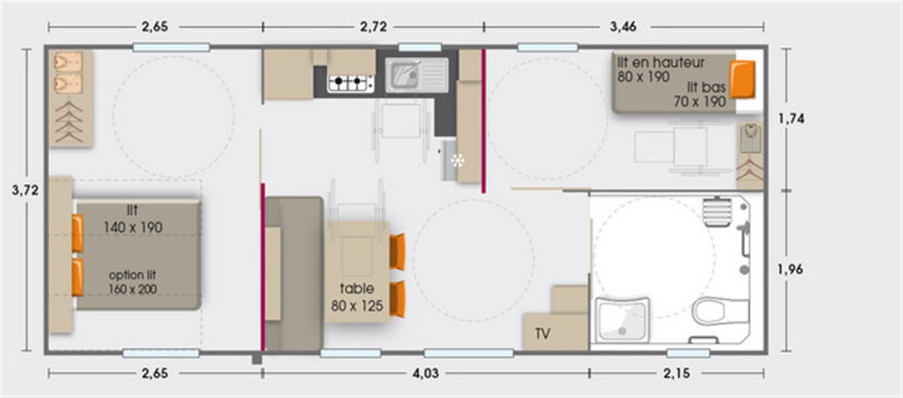 A floor plan of a hotel room with a bed, a TV, a table, and a bathroom.