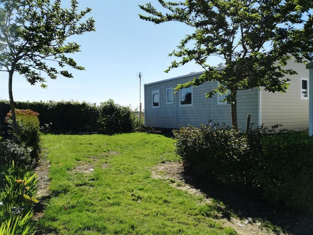A mobile home with a small front yard, a pathway, and a hedge.