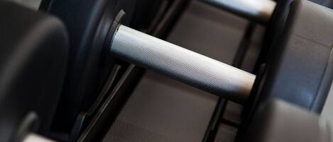 A row of black dumbbells with silver handles on a rack.