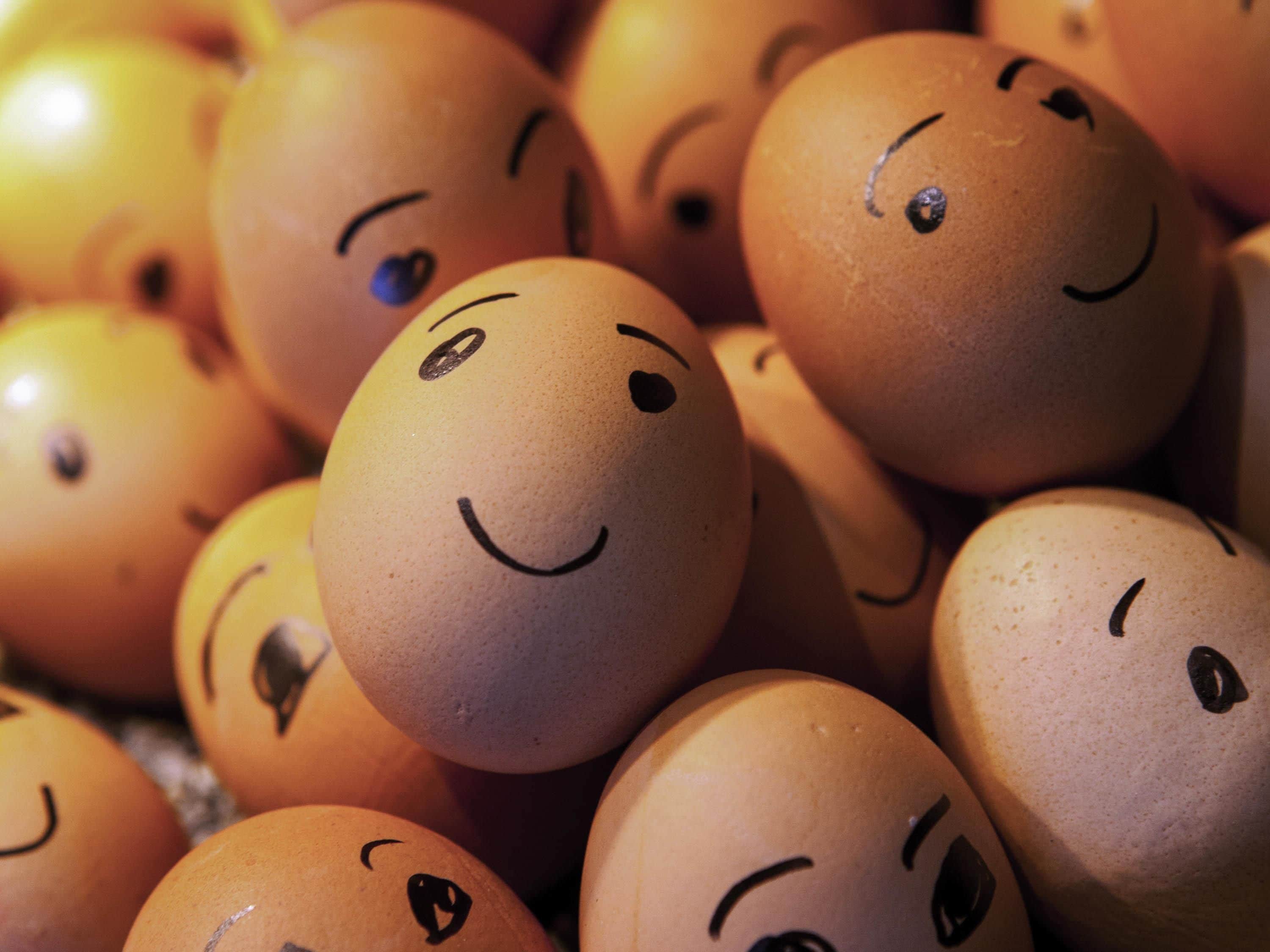 Un grupo de huevos con caras dibujadas.
