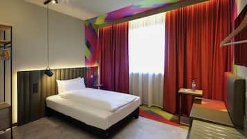Laptop workspace, blackout curtains, soundproofing, free WiFi