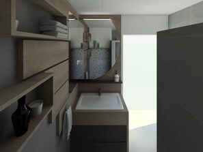 A modern bathroom with a large sink, wooden shelves, and a mirror. - Hostellerie Charles de Foucauld (Viviers)