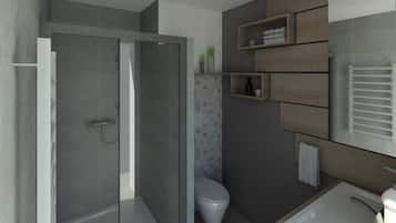 Shower, free toiletries, towels, toilet paper