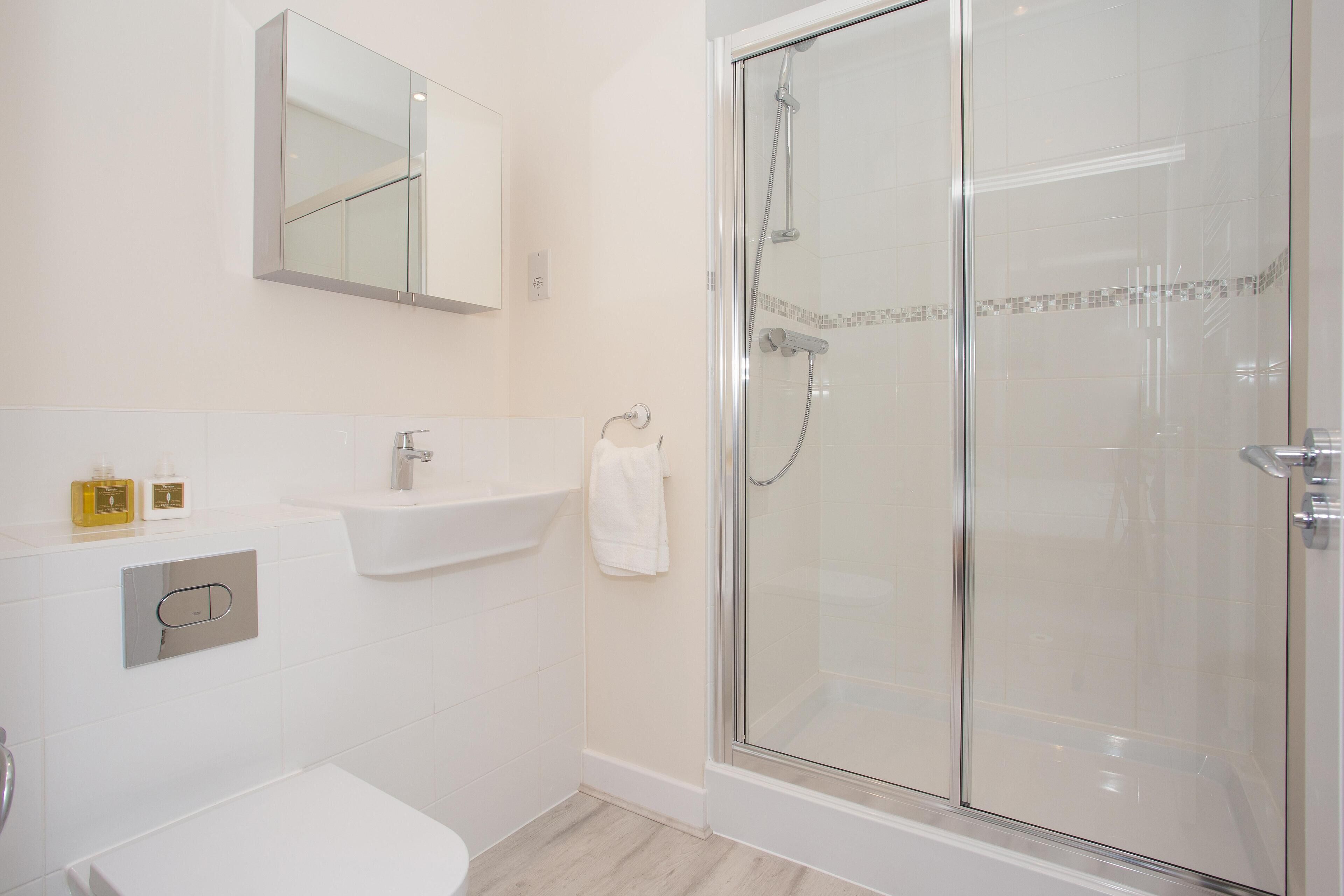 Combined shower/bathtub, hair dryer, towels, soap