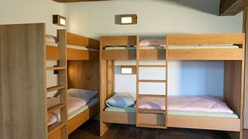 A bunk bed room with wooden frames, a ladder, and built-in shelves.