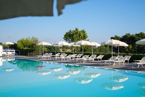 Seasonal outdoor pool, pool umbrellas, sun loungers