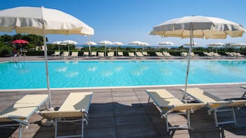 Seasonal outdoor pool, pool umbrellas, pool loungers