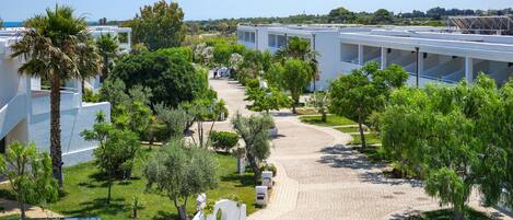 A modern hotel with a paved walkway, palm trees, and a clear view of the sea.