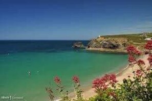 A coastal landscape with a clear blue sky, a sandy beach, and rocky cliffs.