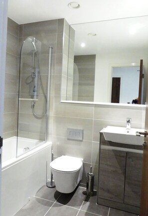 Combined shower/tub, hair dryer, towels, soap