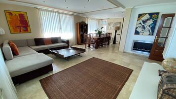 Télévision, cheminée, table de tennis de table, chaßne hi-fi