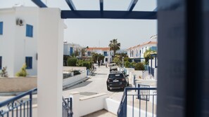 Stroll through a charming residential street lined with palm trees and picturesque houses.