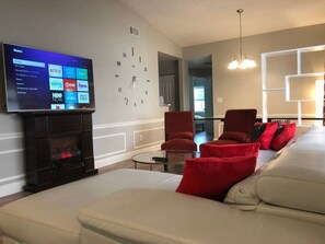 House (3 Bedrooms) | Living room | TV, Netflix, streaming services - 6150 Sandcrest · New! Walk to Universal. Sleep 9. Near Disney (Orlando)