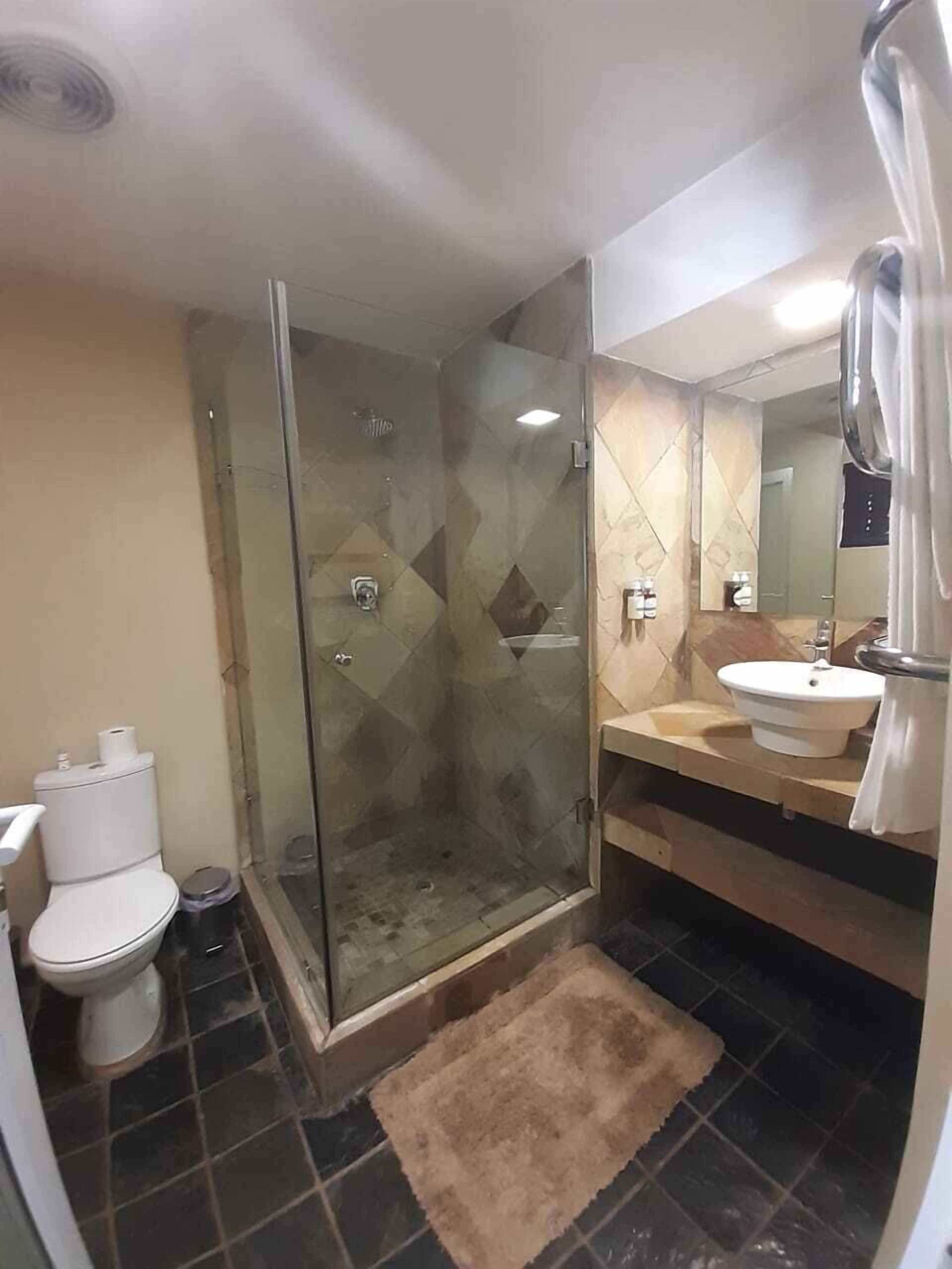 A bathroom with a glass-enclosed shower, a toilet, a sink, and a mirror.