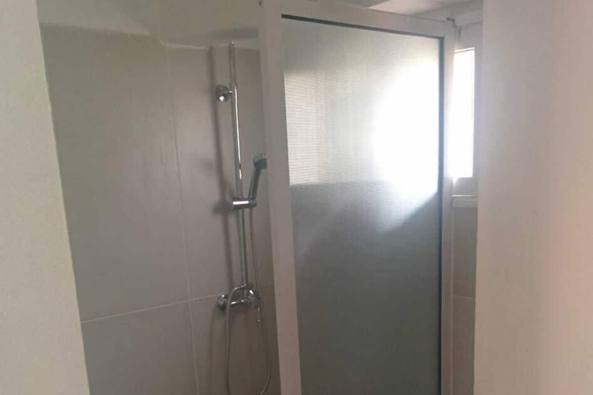 A bathroom with a shower enclosure, a toilet, and a small step leading to the shower.