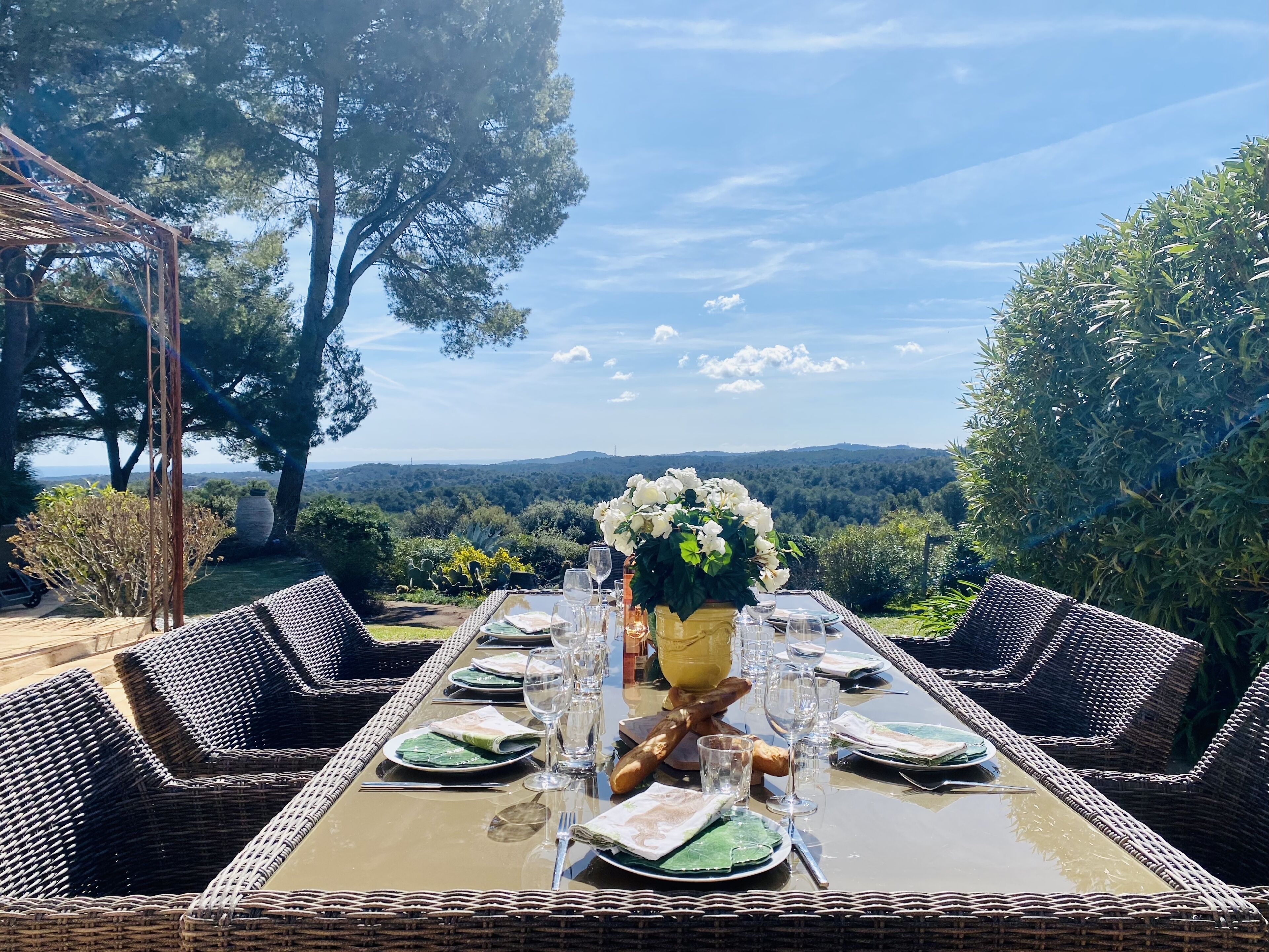 A dining table set outdoors with a view of a forest and hills in the background.