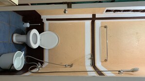 Un baño pequeño con inodoro, bidé y ducha.