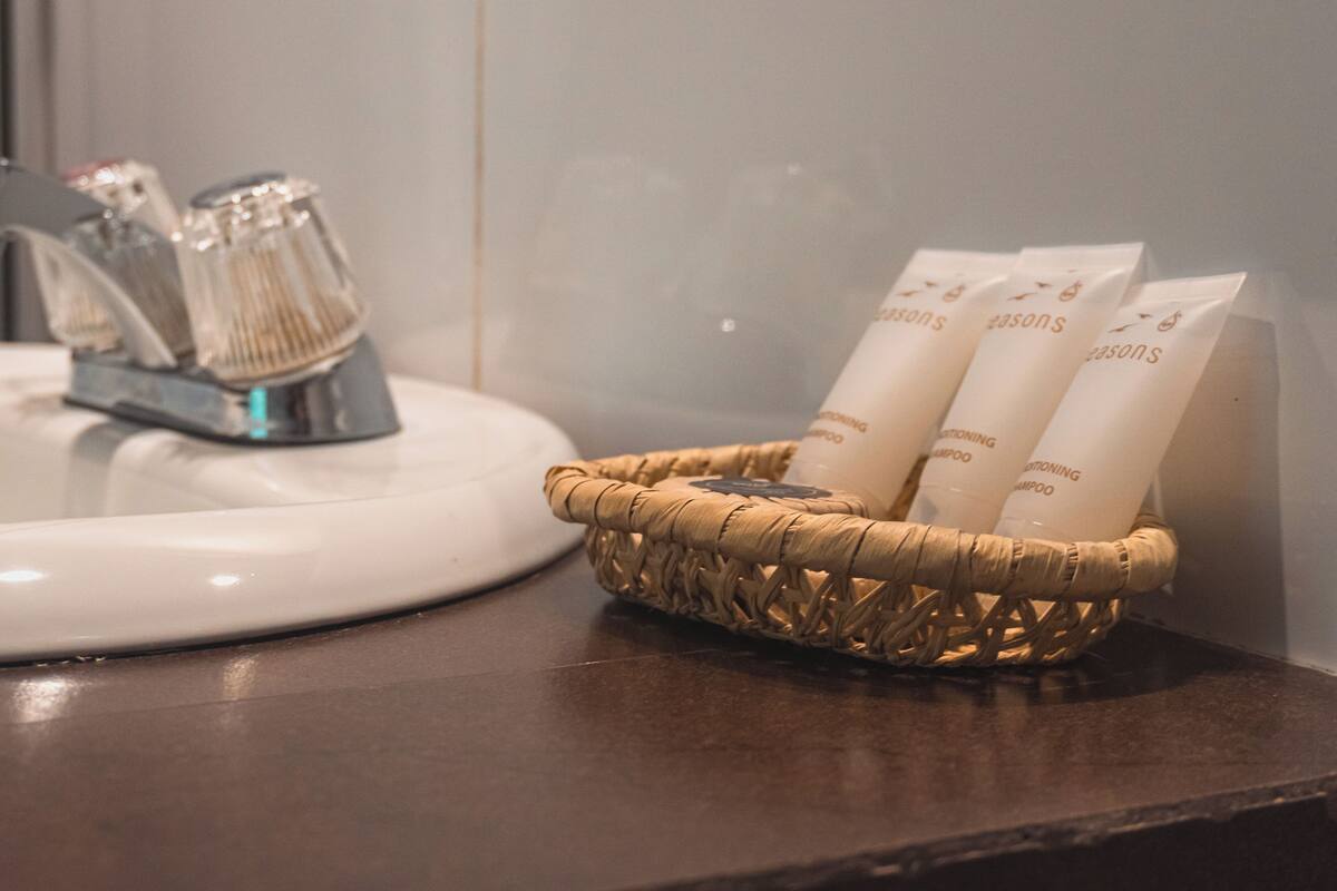 standard twin room | bathroom | shower, hair dryer, towels, soap