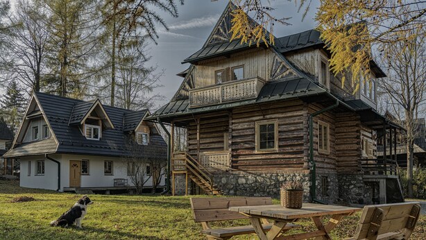A rustic wooden house with a stone foundation, a wooden deck, and a dog in the yard. - Willa Ślimakówka (Zakopane)