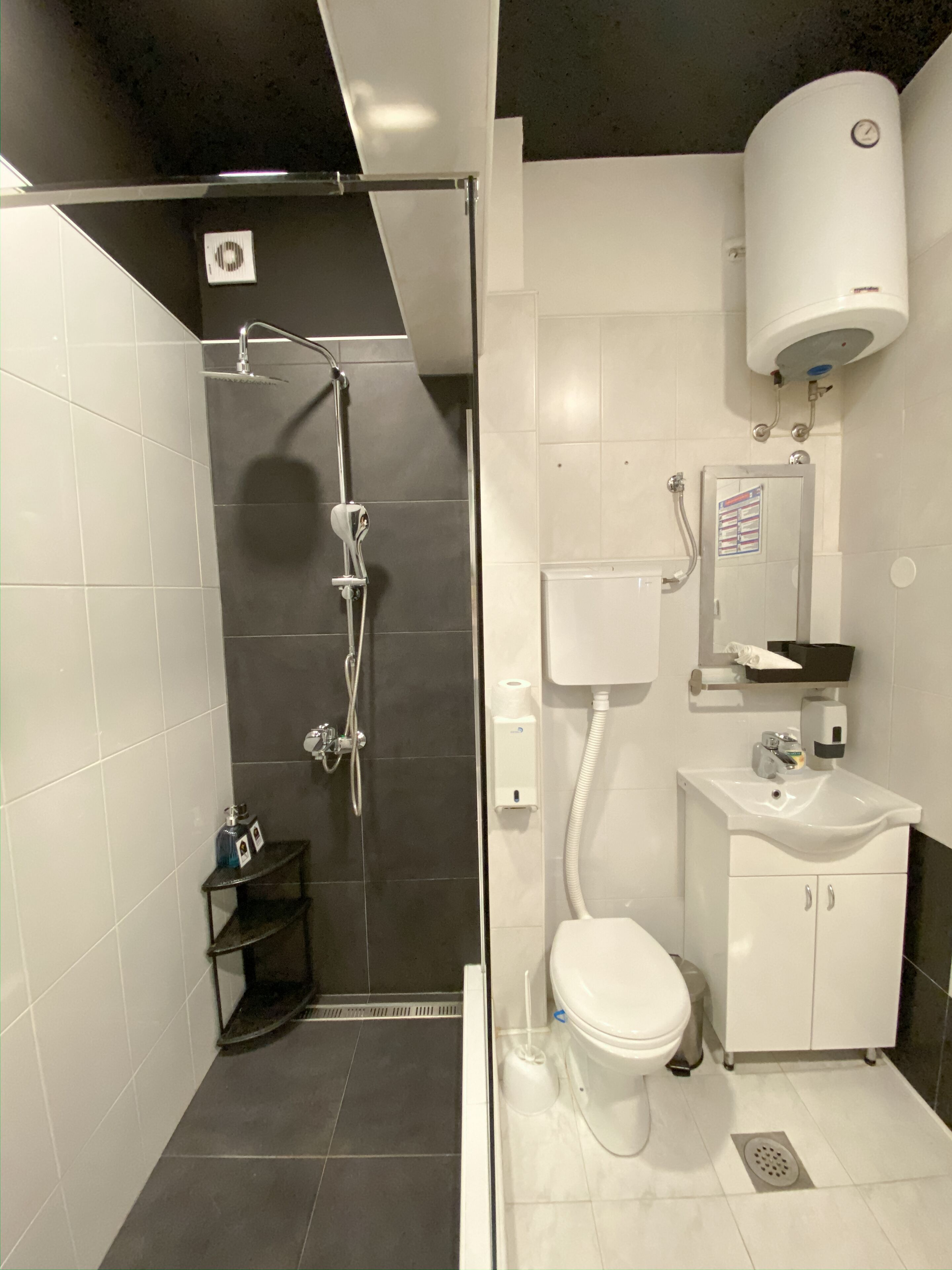 Ein modernes Badezimmer mit Dusche, Toilette, Waschbecken und Warmwasserbereiter.