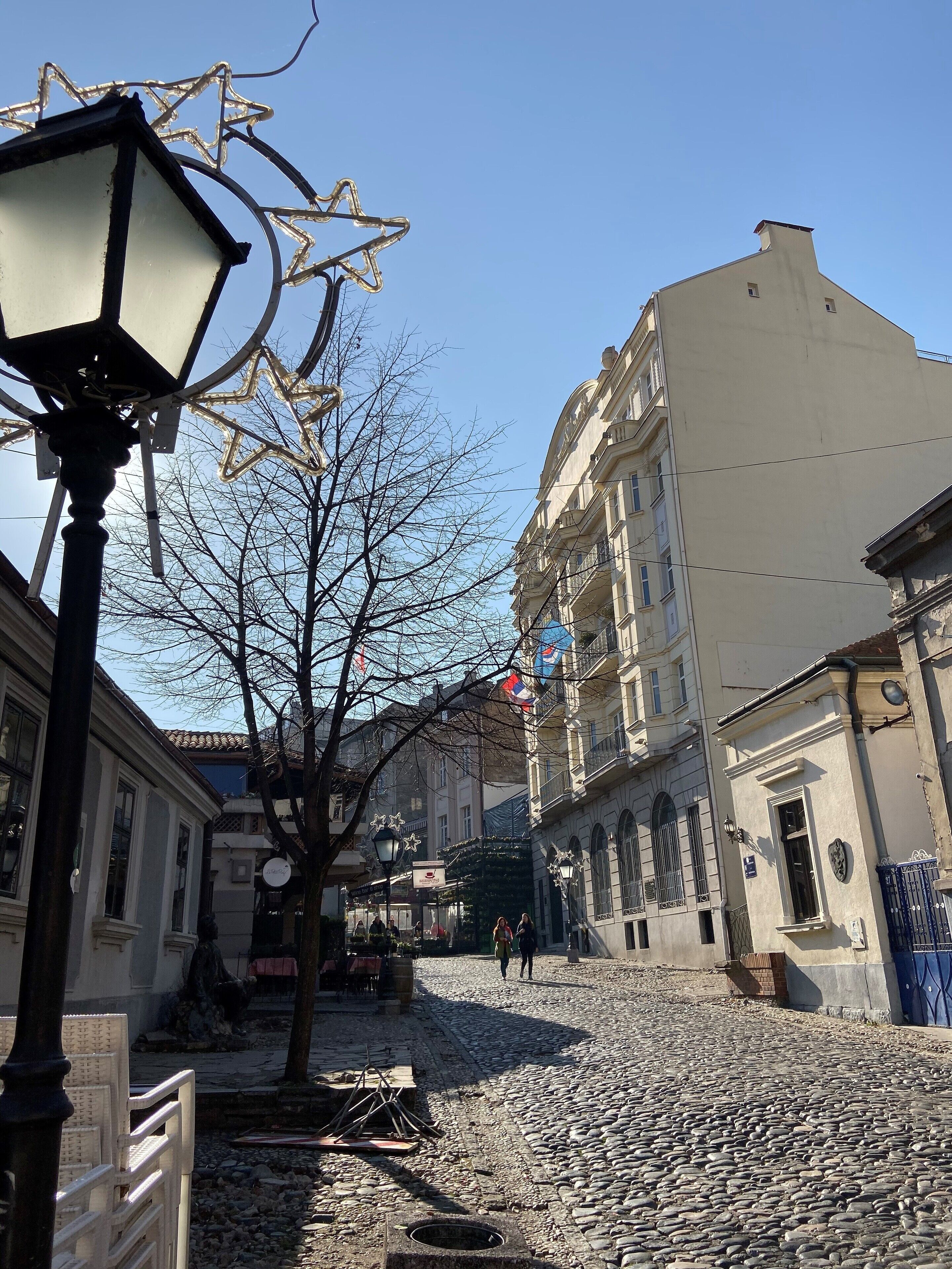 A cobblestone street with historic buildings, a street lamp, and bare trees.