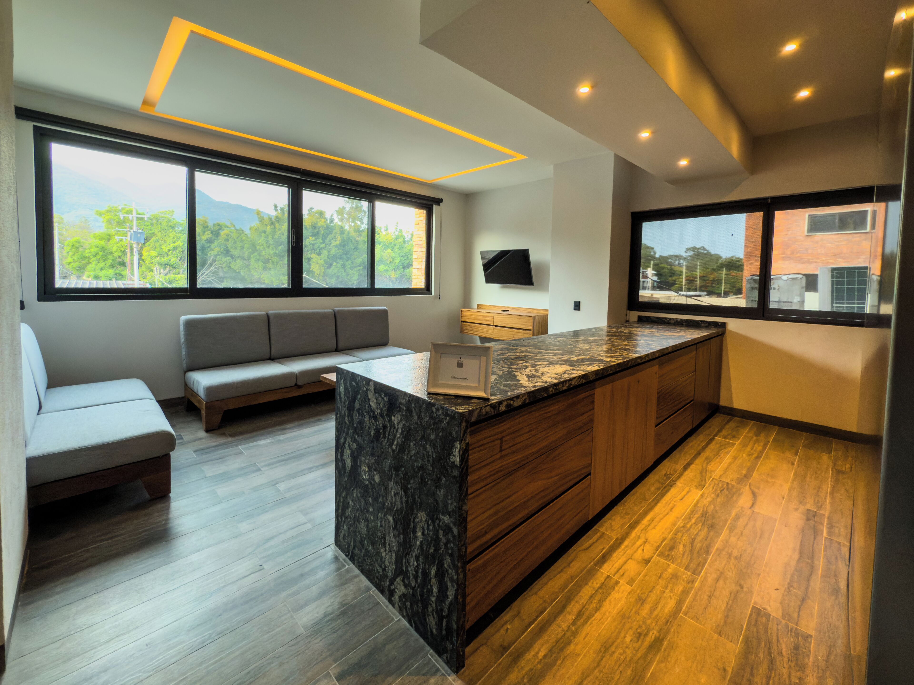 luxury studio suite | living area | 55-inch smart tv with digital channels, netflix, streaming services