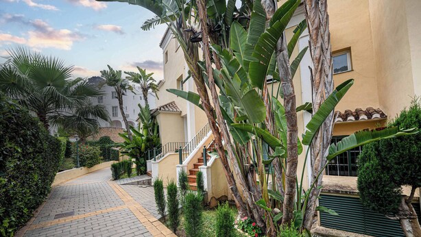 A paved pathway leading to a building with a staircase, surrounded by lush greenery and a clear sky. - Jardines de Burriana 15 (Nerja)