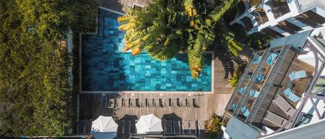 An aerial view of a rooftop swimming pool with surrounding lounge chairs and umbrellas, surrounded by dense foliage and adjacent buildings.