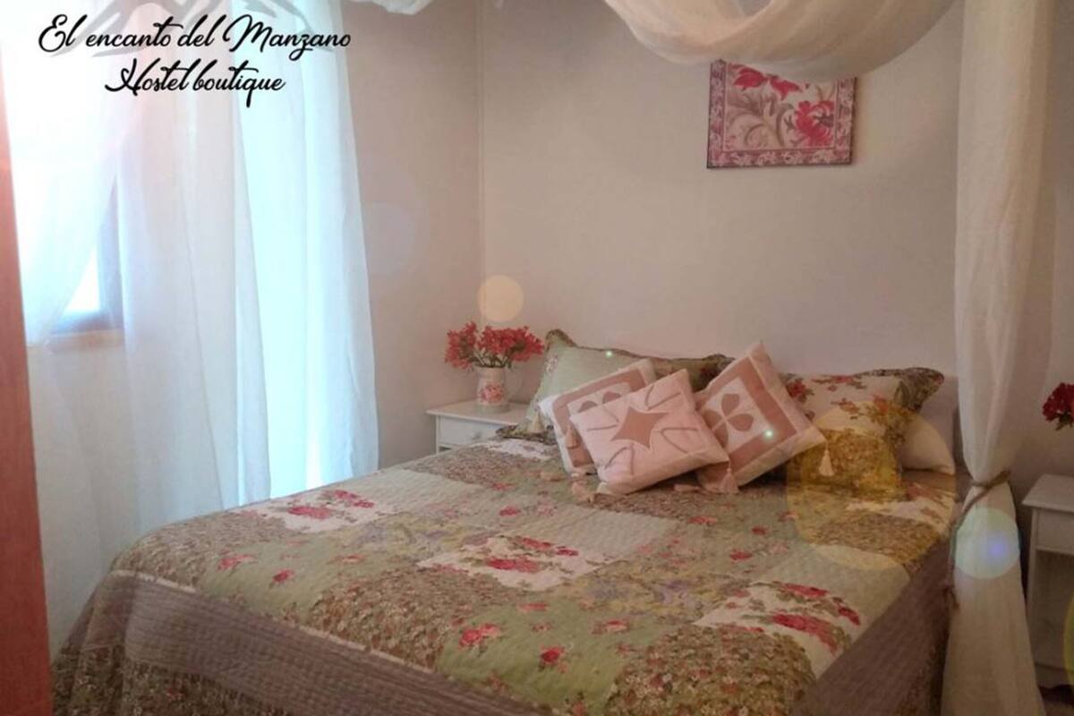 Un dormitorio con colcha estampada, cama con dosel, mesita de noche con un florero y un cuadro colgado en la pared.