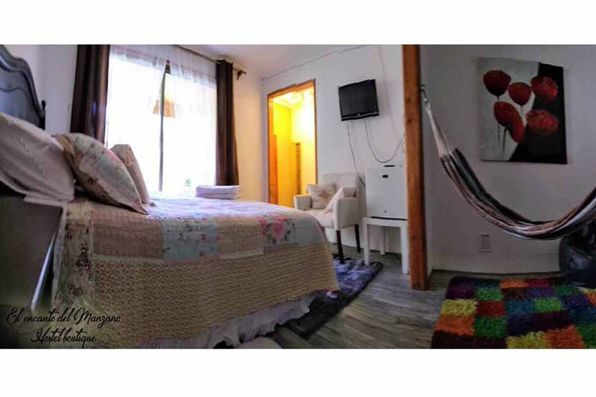 Una habitación de hotel con una cama, un escritorio, una hamaca y una alfombra colorida.