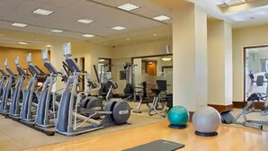 Une salle de sport équipée de plusieurs tapis de course, de ballons d’exercice et d’appareils de musculation.