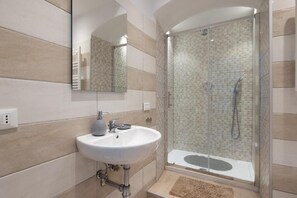 A modern bathroom with a glass-enclosed shower, a white sink, and a mirror.