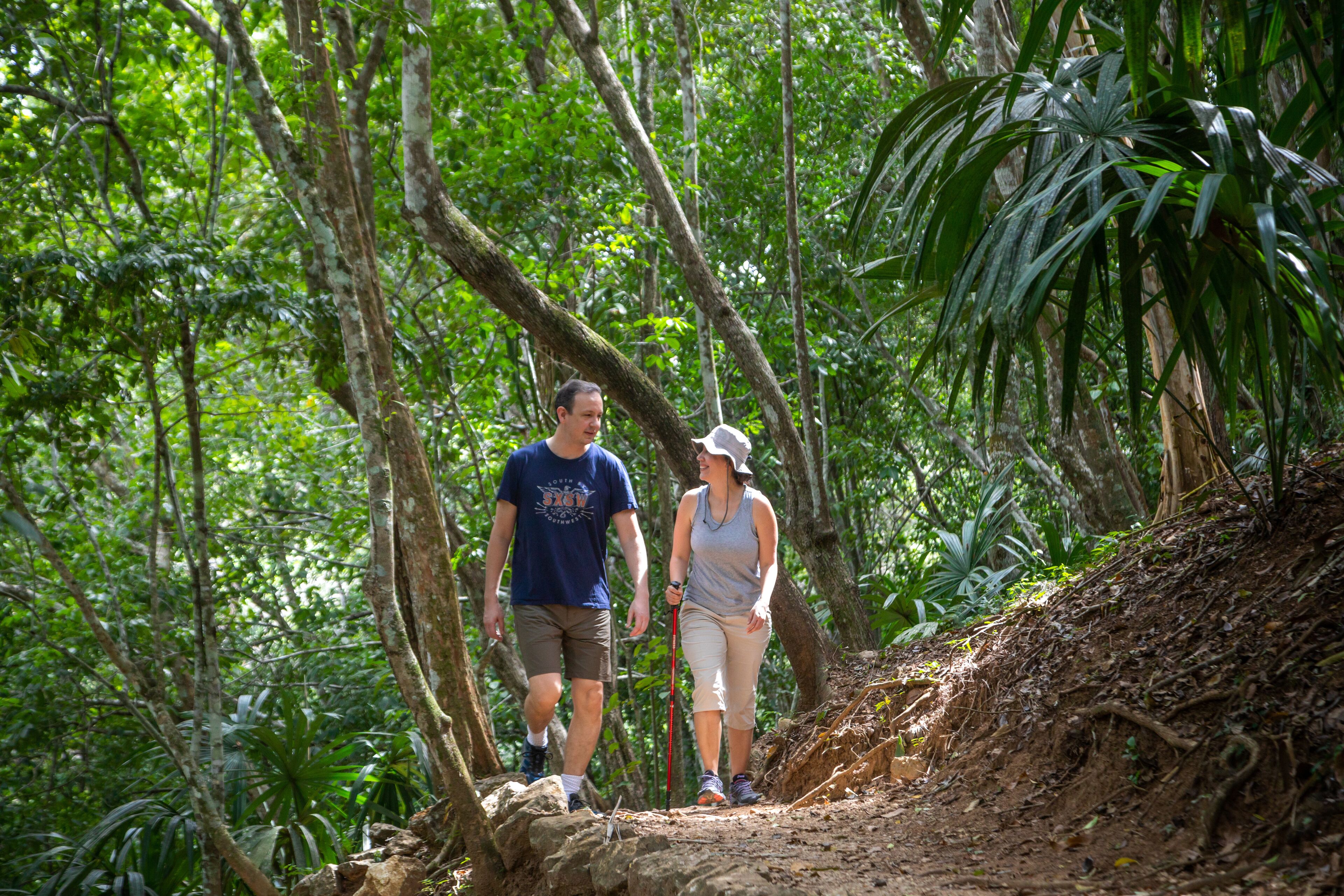 Two people hiking on a dirt path surrounded by dense green foliage.