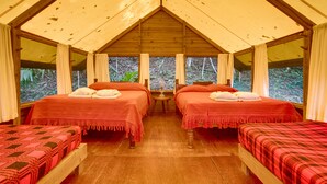 Una habitación con dos camas, piso de madera y ventanas amplias.