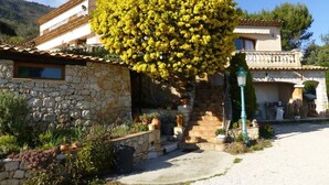 A stone building with a garden, a large yellow flowering tree, and a clear sky.