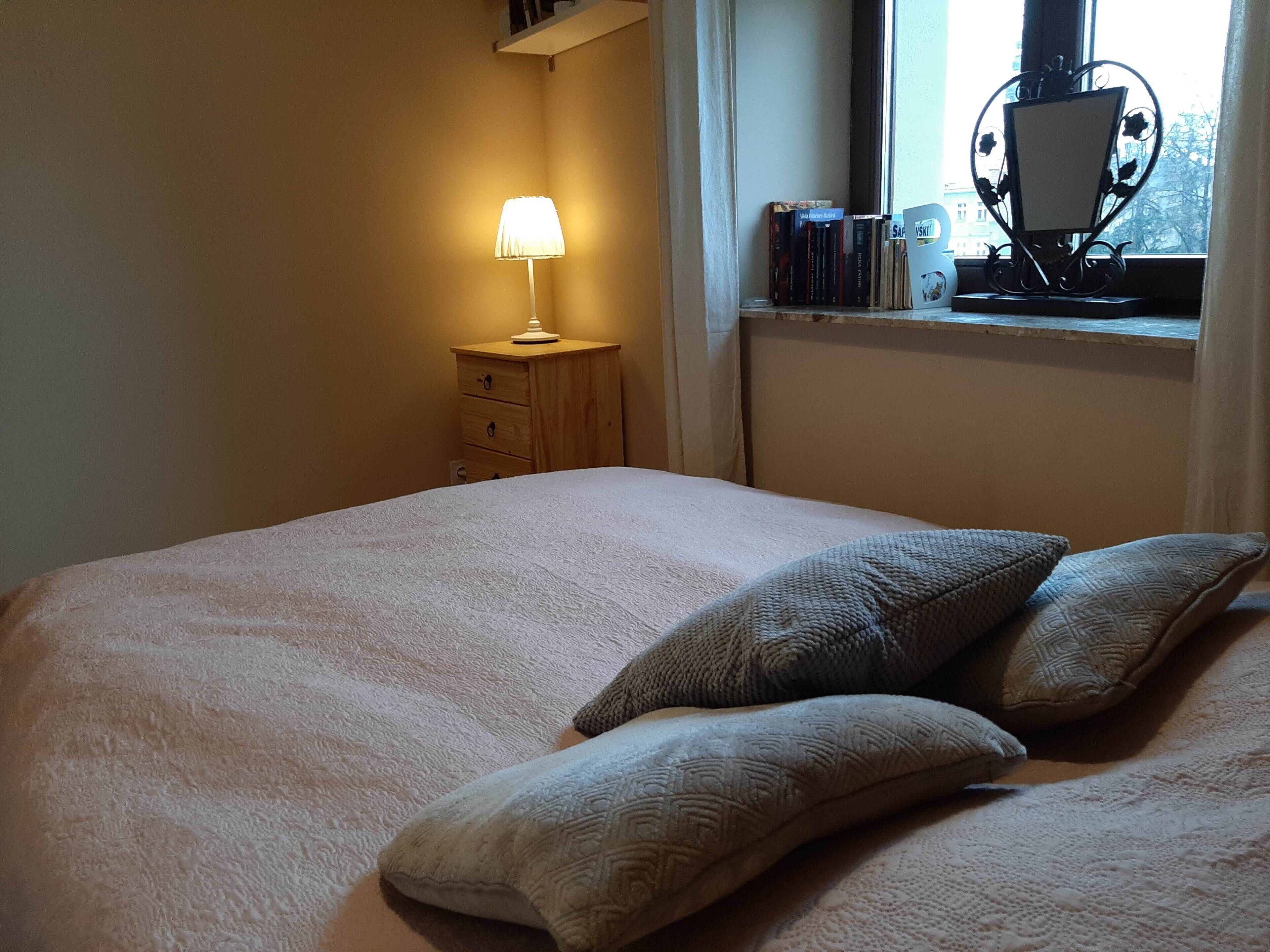 A bedroom with a large bed, a bedside table with a lamp, a window with a view, and a shelf with books and a decorative item.