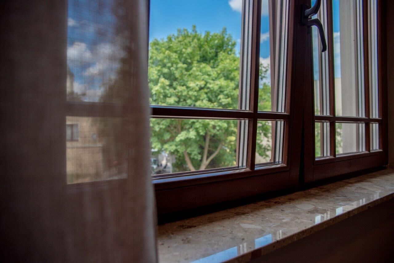A window with a view of trees and a building.