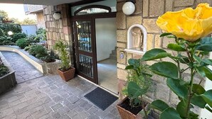 Entrada de un edificio de piedra con puerta de cristal, plantas en macetas y una flor amarilla.