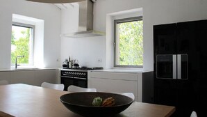 A modern kitchen with a large window, a stove, and a black refrigerator. - Typical Tuscan farmhouse in charming position between Panzano -Greve in Chianti  (Greve in Chianti)