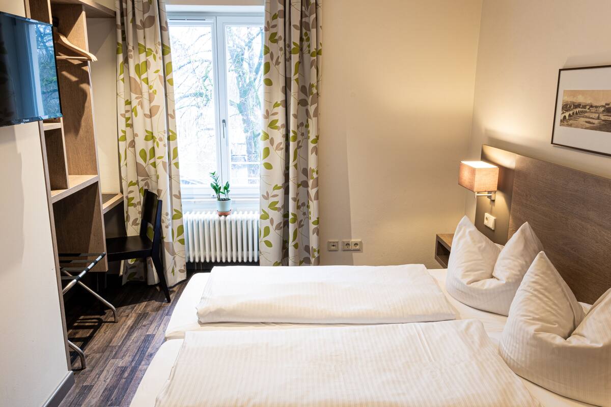A hotel room with two beds, a radiator, a plant by the window, and a lamp on the nightstand.