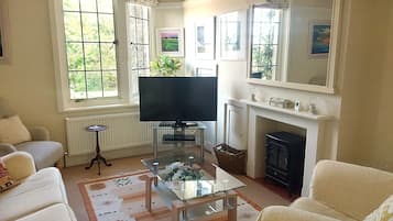 Una sala de estar con televisor, sofá, chimenea y ventanas amplias.